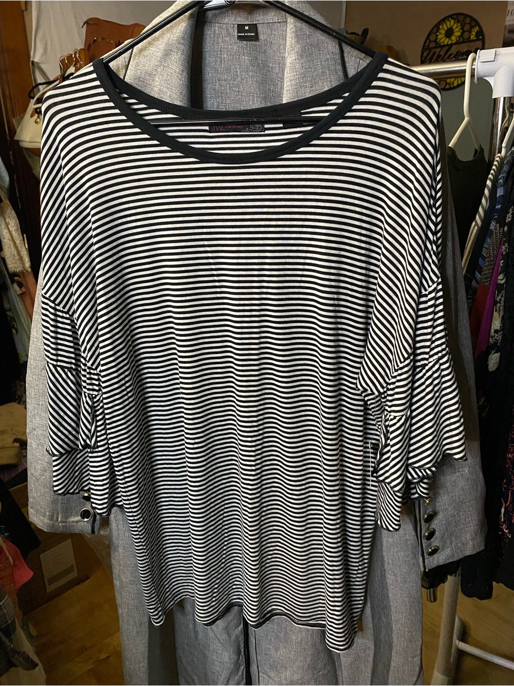 Women's Black & White Striped Ruffle Sleeve Blouse